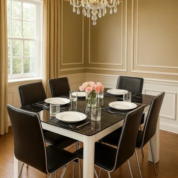 6-Seater Marble Dining Set with Black Leather Chairs