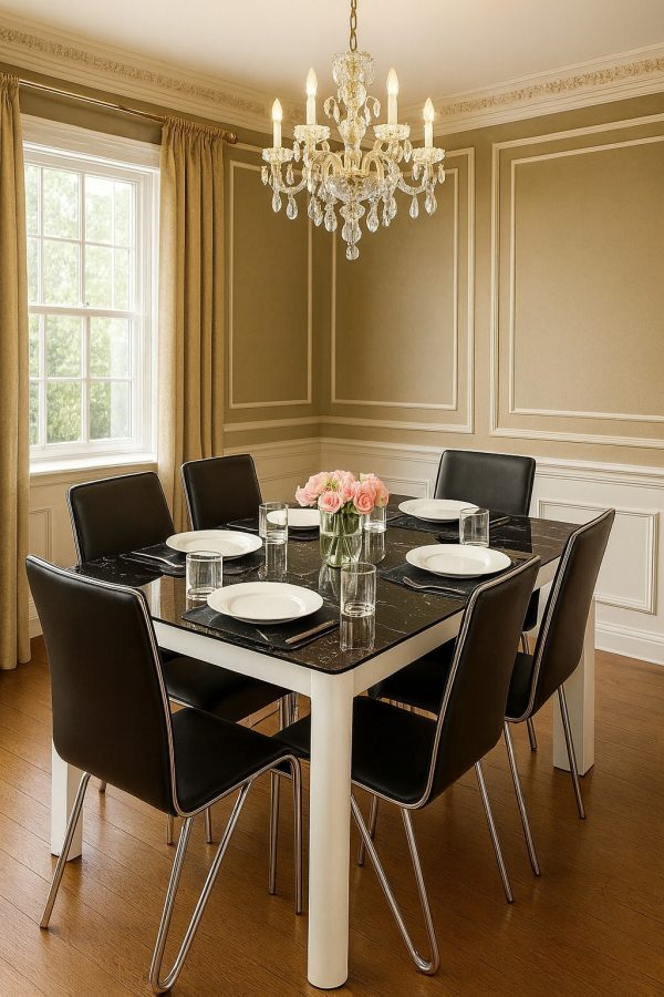 6-Seater Marble Dining Set with Black Leather Chairs