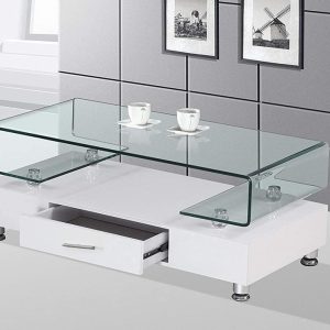 Rectangular Coffee Table – Glass Top with White Base & Drawer