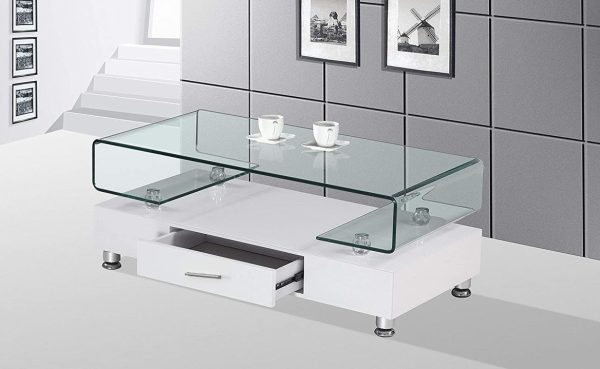 Rectangular Coffee Table – Glass Top with White Base & Drawer