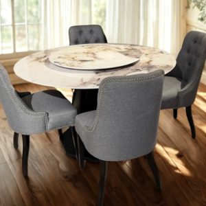 Elegant Marble Round Dining Set with Lazy Susan and Grey Upholstered Chairs