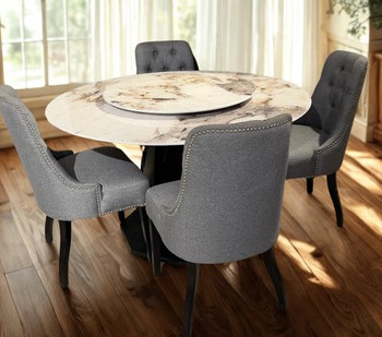 Elegant Marble Round Dining Set with Lazy Susan and Grey Upholstered Chairs
