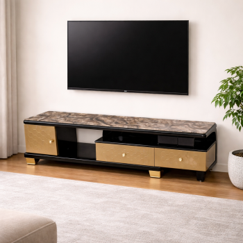 Black Marble Top TV Stand with Gold Storage Drawers | Nilan Hub