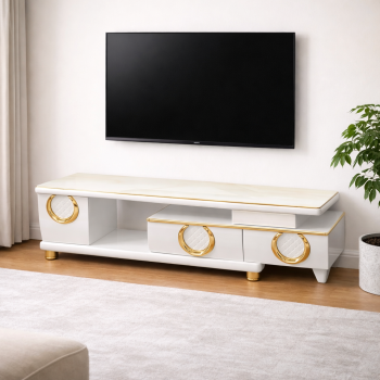 Luxury White Marble TV Stand with Gold Accent Drawers
