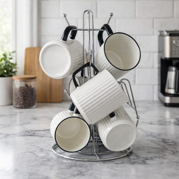 Nordic Ribbed Ceramic Mug – White Coffee Cup with Black Rim